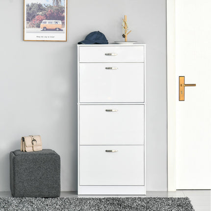 Shoe Cabinet with 4 Drawers and Flip Doors, Adjustable Shelves for 18 Pairs - White