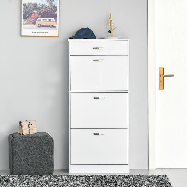 Shoe Cabinet with 4 Drawers and Flip Doors, Adjustable Shelves for 18 Pairs - White