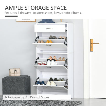 Shoe Cabinet with 4 Drawers and Flip Doors, Adjustable Shelves for 18 Pairs - White