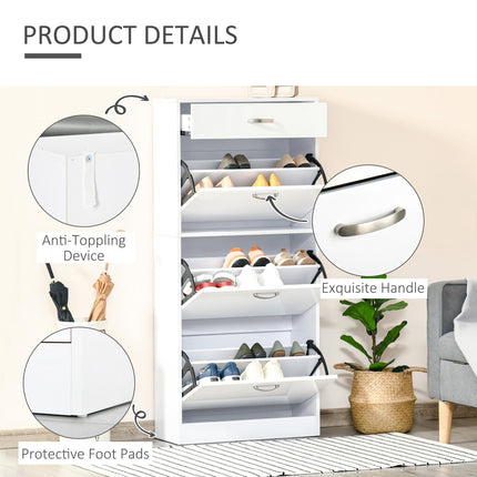 Shoe Cabinet with 4 Drawers and Flip Doors, Adjustable Shelves for 18 Pairs - White