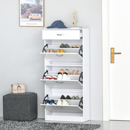 Shoe Cabinet with 4 Drawers and Flip Doors, Adjustable Shelves for 18 Pairs - White