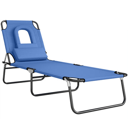 Foldable Adjustable Sun Lounger with Pillow and Reading Hole - Blue