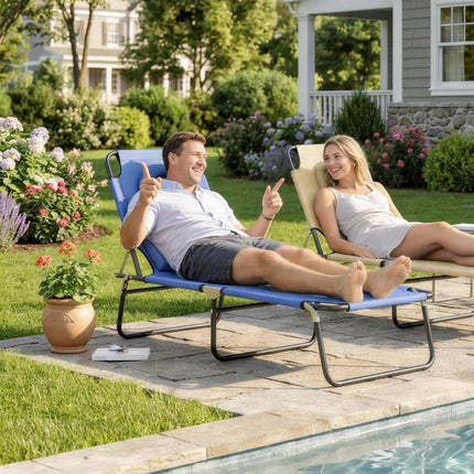 Foldable Adjustable Sun Lounger with Pillow and Reading Hole - Blue