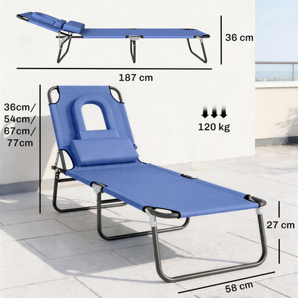 Foldable Adjustable Sun Lounger with Pillow and Reading Hole - Blue