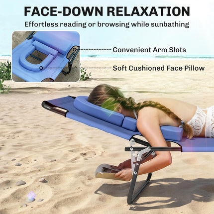 Foldable Adjustable Sun Lounger with Pillow and Reading Hole - Blue