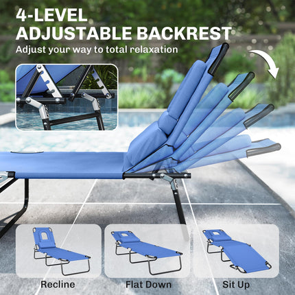 Foldable Adjustable Sun Lounger with Pillow and Reading Hole - Blue
