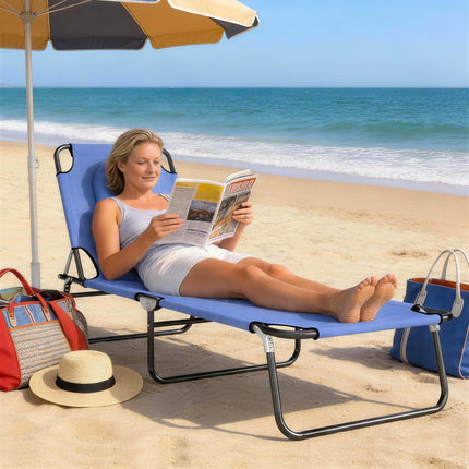 Foldable Adjustable Sun Lounger with Pillow and Reading Hole - Blue
