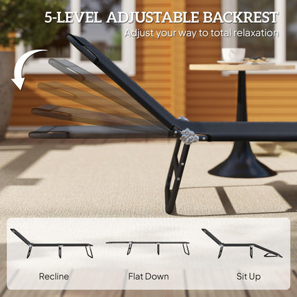 Foldable Outdoor Sun Lounger with 5-Position Adjustable Backrest and Breathable Mesh - Black