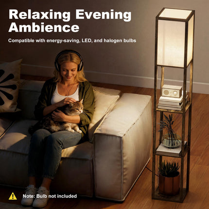 4-Tier Floor Lamp with Storage Shelves for Living Room, Bedroom, Office - Rustic Brown