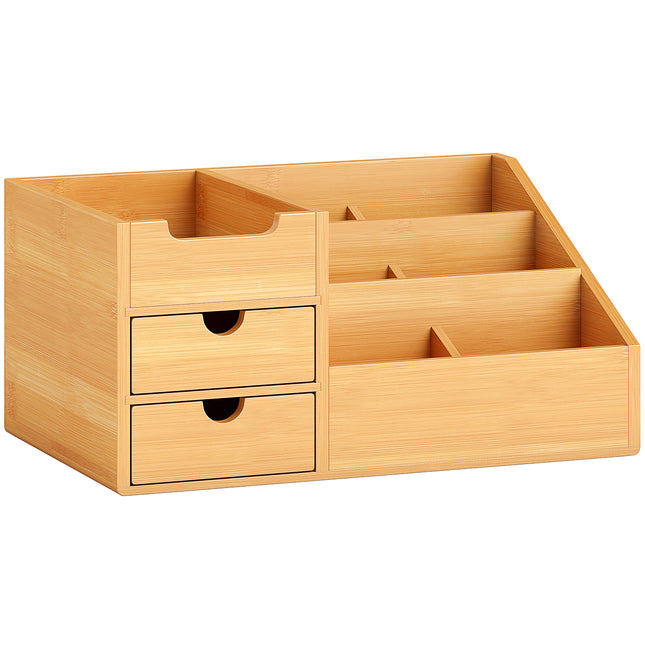 Multi-Function Desk Organiser with 7 Compartments & 2 Drawers - Natural Wood