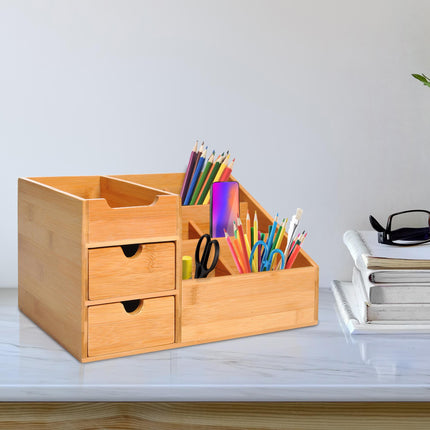 Multi-Function Desk Organiser with 7 Compartments & 2 Drawers - Natural Wood