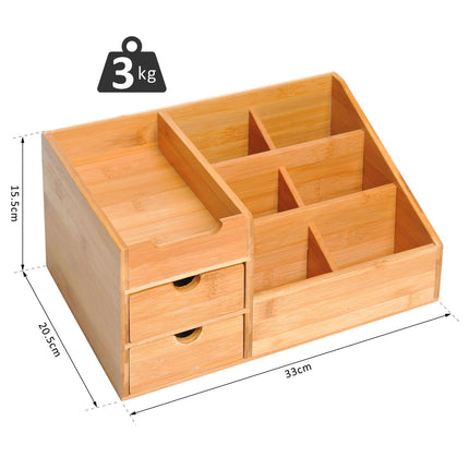 Multi-Function Desk Organiser with 7 Compartments & 2 Drawers - Natural Wood