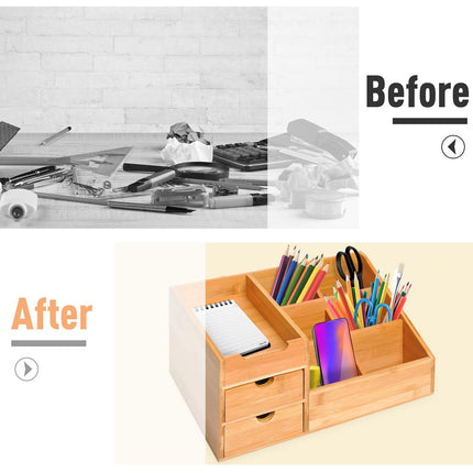 Multi-Function Desk Organiser with 7 Compartments & 2 Drawers - Natural Wood