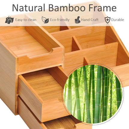 Multi-Function Desk Organiser with 7 Compartments & 2 Drawers - Natural Wood