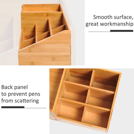 Multi-Function Desk Organiser with 7 Compartments & 2 Drawers - Natural Wood