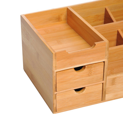 Multi-Function Desk Organiser with 7 Compartments & 2 Drawers - Natural Wood