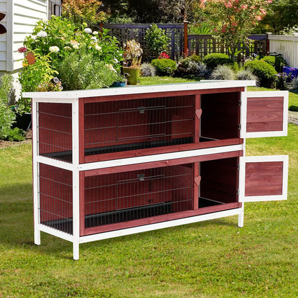 Two Floors Wooden Rabbit Hutch Small Pet Cage for Indoor Outdoor 136.4x50x93cm - Brown White