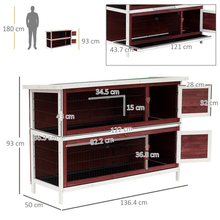 Two Floors Wooden Rabbit Hutch Small Pet Cage for Indoor Outdoor 136.4x50x93cm - Brown White