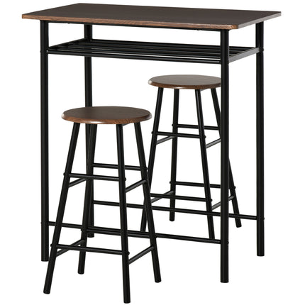 Bar Table Set with 2 Stools, Metal Frame, Footrest & Storage Shelf - Black and Oak
