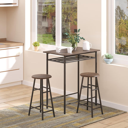 Bar Table Set with 2 Stools, Metal Frame, Footrest & Storage Shelf - Black and Oak