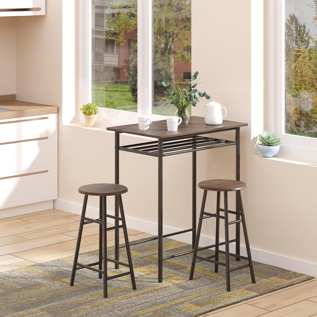 Bar Table Set with 2 Stools, Metal Frame, Footrest & Storage Shelf - Black and Oak