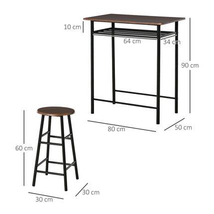 Bar Table Set with 2 Stools, Metal Frame, Footrest & Storage Shelf - Black and Oak