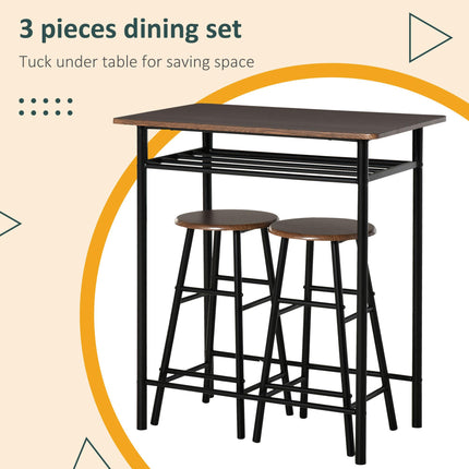 Bar Table Set with 2 Stools, Metal Frame, Footrest & Storage Shelf - Black and Oak