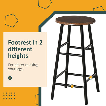 Bar Table Set with 2 Stools, Metal Frame, Footrest & Storage Shelf - Black and Oak