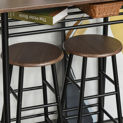 Bar Table Set with 2 Stools, Metal Frame, Footrest & Storage Shelf - Black and Oak