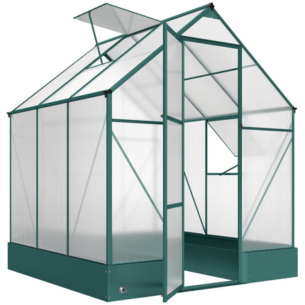 6x6ft Aluminium Walk-In Garden Greenhouse with Polycarbonate Panels, Plant Beds & Temperature Controlled Window - Green