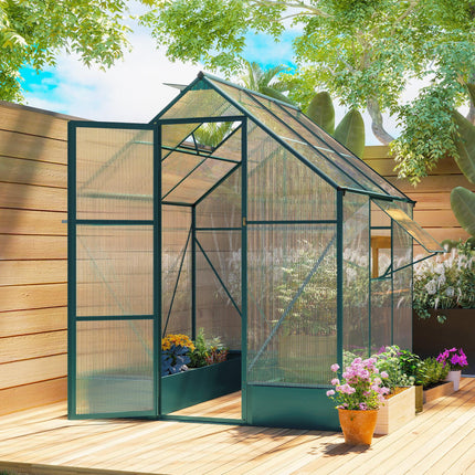 6x6ft Aluminium Walk-In Garden Greenhouse with Polycarbonate Panels, Plant Beds & Temperature Controlled Window - Green