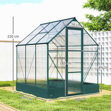 6x6ft Aluminium Walk-In Garden Greenhouse with Polycarbonate Panels, Plant Beds & Temperature Controlled Window - Green