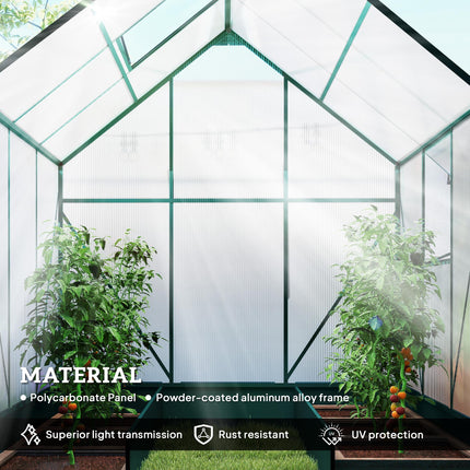6x6ft Aluminium Walk-In Garden Greenhouse with Polycarbonate Panels, Plant Beds & Temperature Controlled Window - Green
