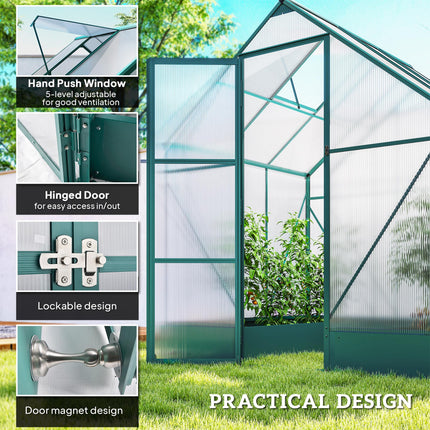 6x6ft Aluminium Walk-In Garden Greenhouse with Polycarbonate Panels, Plant Beds & Temperature Controlled Window - Green