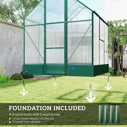 6x6ft Aluminium Walk-In Garden Greenhouse with Polycarbonate Panels, Plant Beds & Temperature Controlled Window - Green