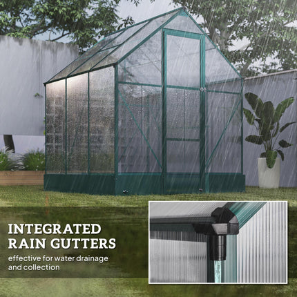 6x6ft Aluminium Walk-In Garden Greenhouse with Polycarbonate Panels, Plant Beds & Temperature Controlled Window - Green