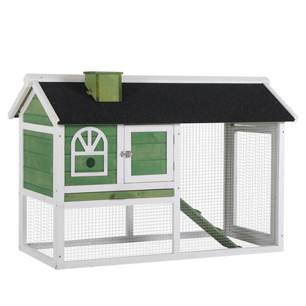 Wooden Rabbit Hutch Cage with Pull-Out Tray, Ramp & Asphalt Roof for Small Animals - Green