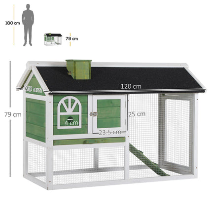 Wooden Rabbit Hutch Cage with Pull-Out Tray, Ramp & Asphalt Roof for Small Animals - Green