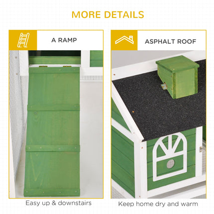Wooden Rabbit Hutch Cage with Pull-Out Tray, Ramp & Asphalt Roof for Small Animals - Green