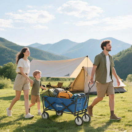 Folding Cargo Wagon Trolley with Telescopic Handle for Outdoor Use - Blue