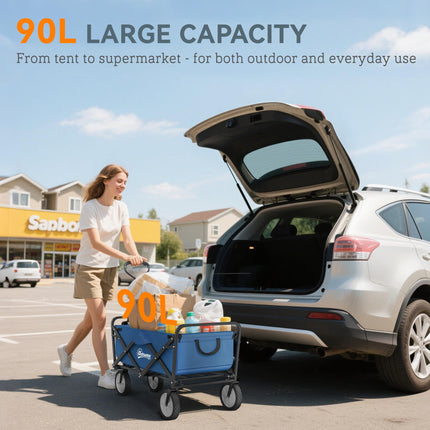 Folding Cargo Wagon Trolley with Telescopic Handle for Outdoor Use - Blue
