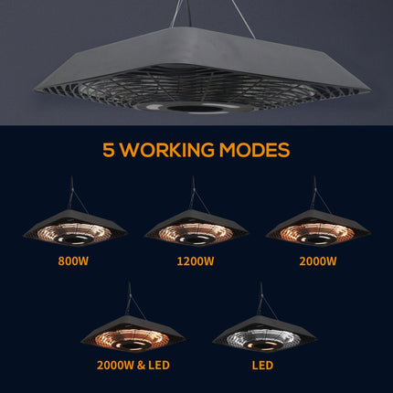 2000W Electric Hanging Patio Heater with Remote Control - Aluminium