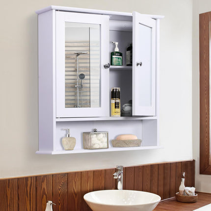 Wall-Mounted Bathroom Cabinet with Mirrored Doors and Adjustable Shelf - White
