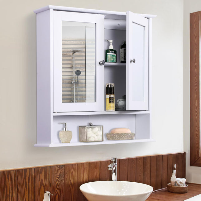 Wall-Mounted Bathroom Cabinet with Mirrored Doors and Adjustable Shelf - White