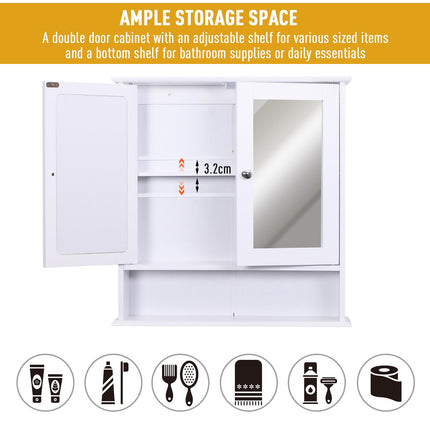 Wall-Mounted Bathroom Cabinet with Mirrored Doors and Adjustable Shelf - White