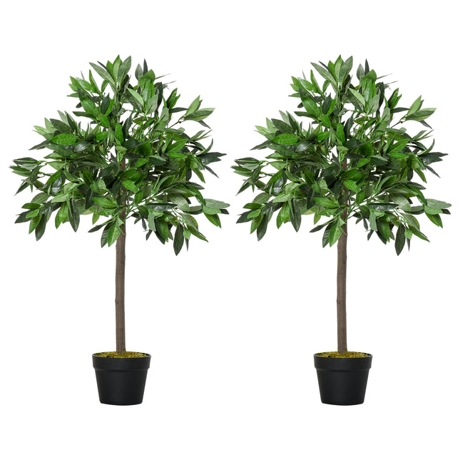 Set of 2 Artificial Topiary Bay Laurel Ball Trees 90cm with Nursery Pot - Green