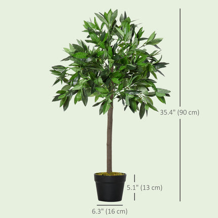 Set of 2 Artificial Topiary Bay Laurel Ball Trees 90cm with Nursery Pot - Green