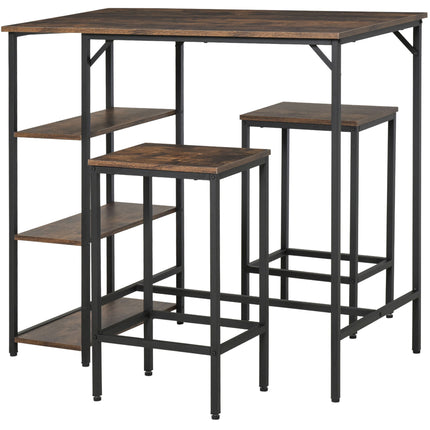 Industrial Bar Height Dining Table Set with 2 Stools & Side Shelf, 3-Piece Coffee Table for Dining Room, Kitchen - Black Rustic Brown