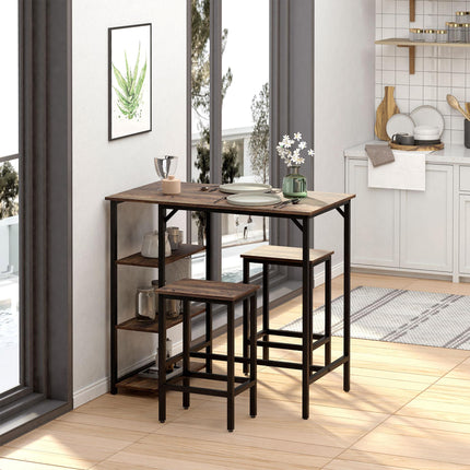 Industrial Bar Height Dining Table Set with 2 Stools & Side Shelf, 3-Piece Coffee Table for Dining Room, Kitchen - Black Rustic Brown