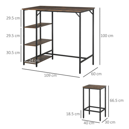Industrial Bar Height Dining Table Set with 2 Stools & Side Shelf, 3-Piece Coffee Table for Dining Room, Kitchen - Black Rustic Brown